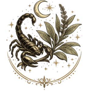 Dark mystical scorpion with sage leaves, moon, and stars for pagan ritual use.